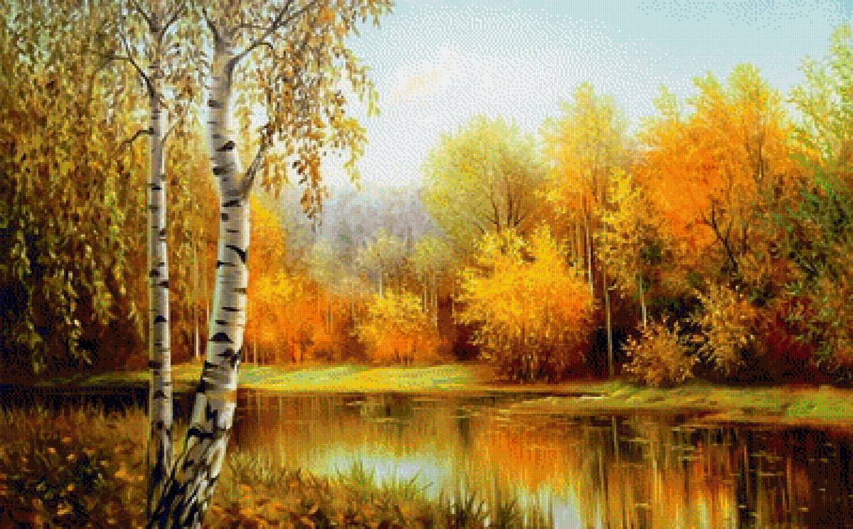 Осень на реке - лес, река, березы, осень - предпросмотр