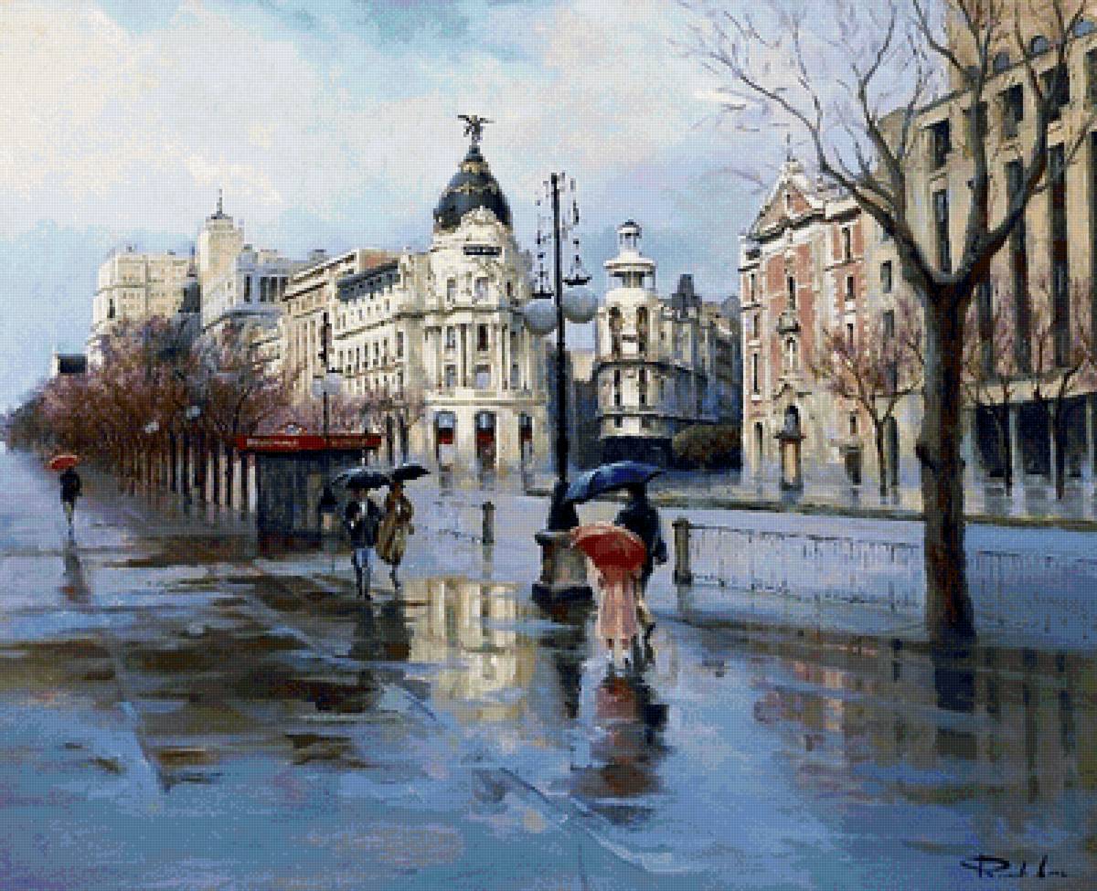 Дождь в городе - люди под зонтами, дождь, улица, город, дома - предпросмотр
