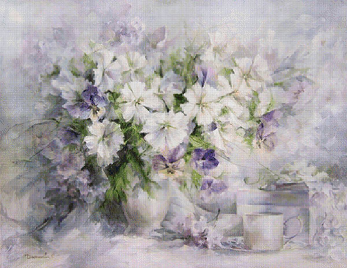 букет белых цветов - букет, пейзаж, цветы, кувшин, белые, картина, натюрморт - предпросмотр