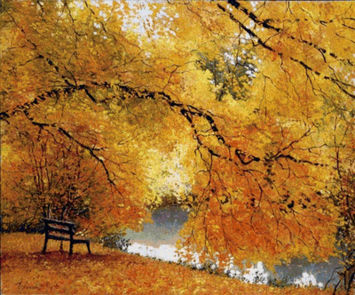 Золотая осень - скамейка, парк, пейзаж, золотая осень, осень, золото - предпросмотр
