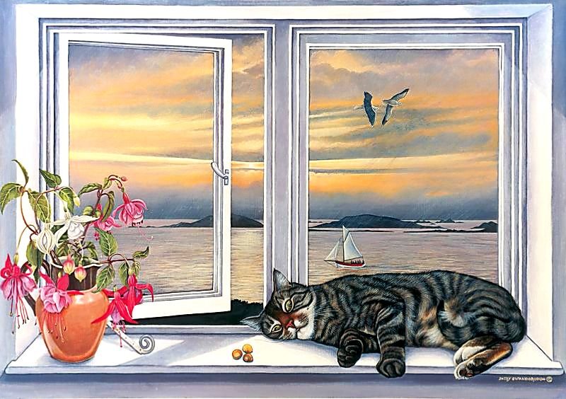 Вид из окна. - окно, кот, живопись., пейзаж - оригинал