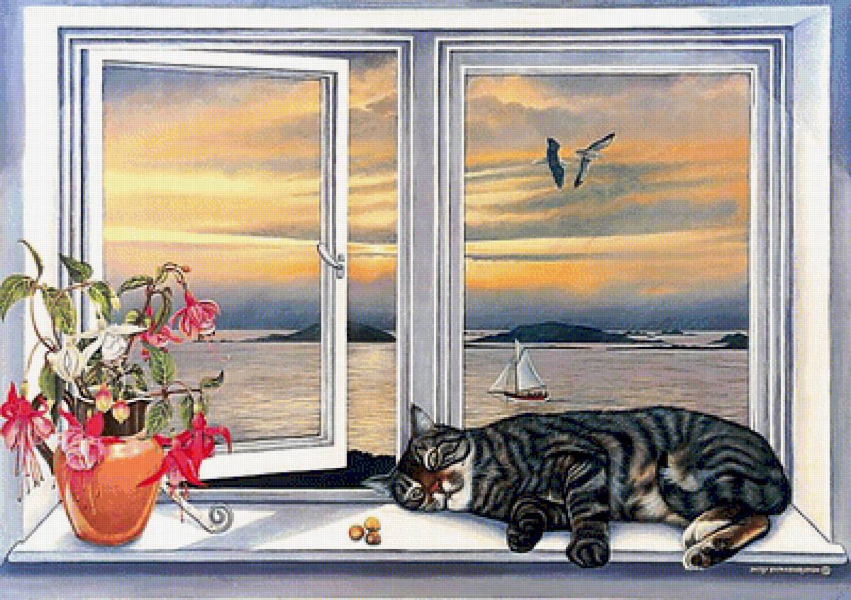 Вид из окна. - живопись., кот, пейзаж, окно - предпросмотр