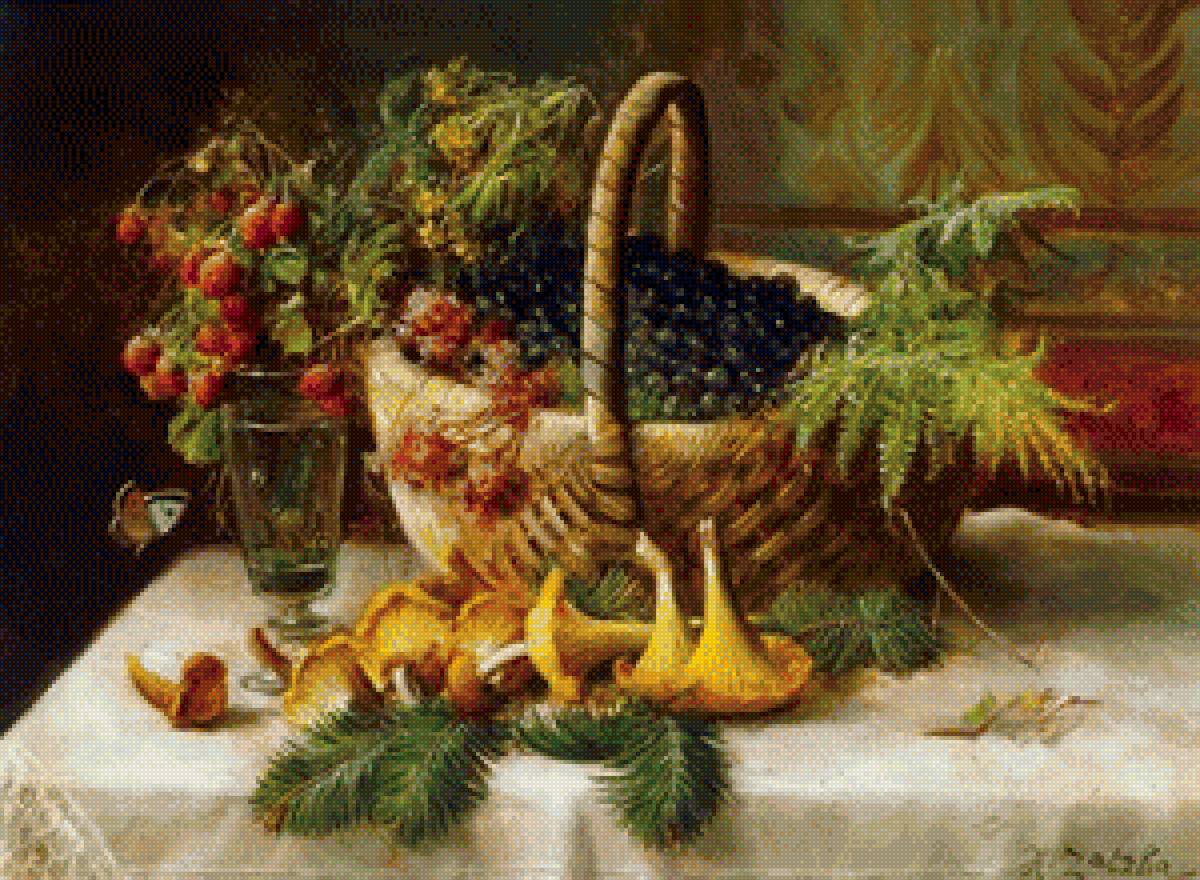 Натюрморт - рябина, живопись, натюрморт, грибы. корзина, ягоды - предпросмотр