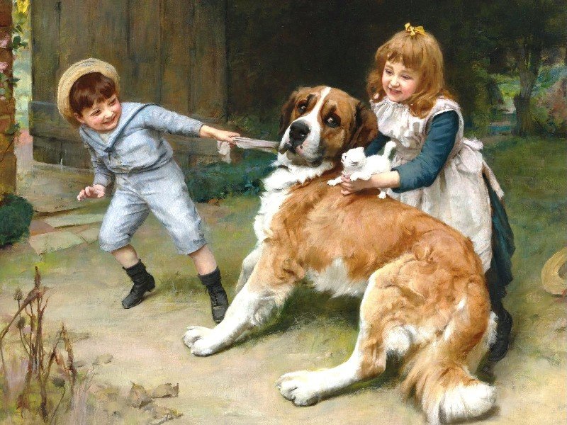 дети и животные - картина - оригинал