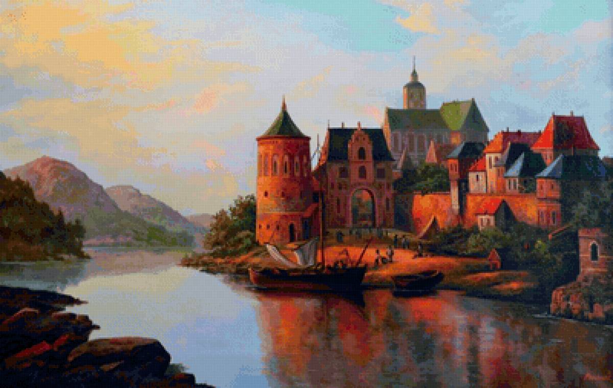 Красный замок - замок, река, лодка - предпросмотр