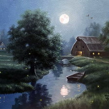 Тихая ночь. Река. Луна. Благодать. Деревня.