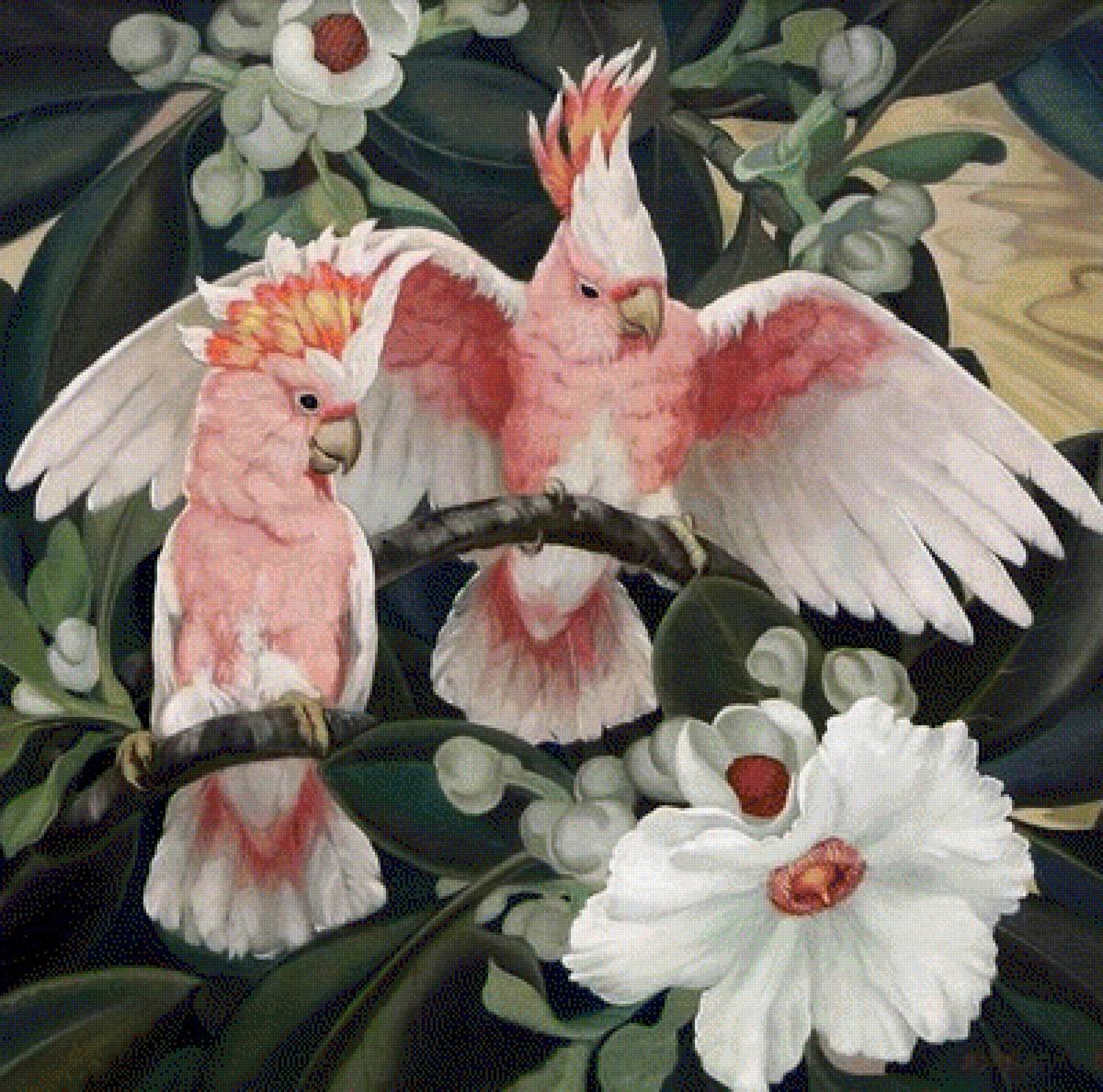Розовые попугаи по картине Джесси Армс Ботк - попугаи, ветви, цветок - оригинал