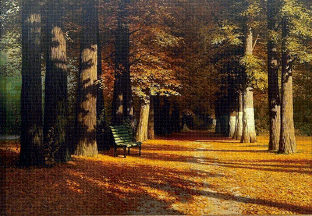 Золотая осень - осень, парк, скамейка, лес, пейзаж, золотая осень, природа - предпросмотр