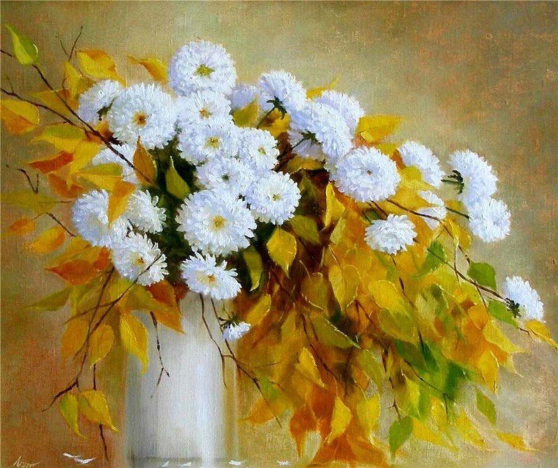 Осенний букет - картина, пейзаж, кувшин, белые, желтый, осень, цветы, букет - оригинал