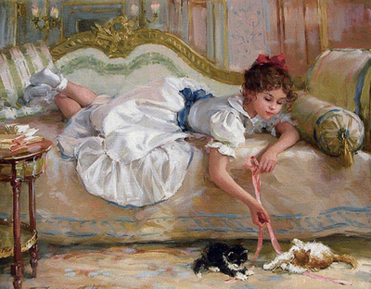 Девочка с котятами - диван, котята, девочка - предпросмотр