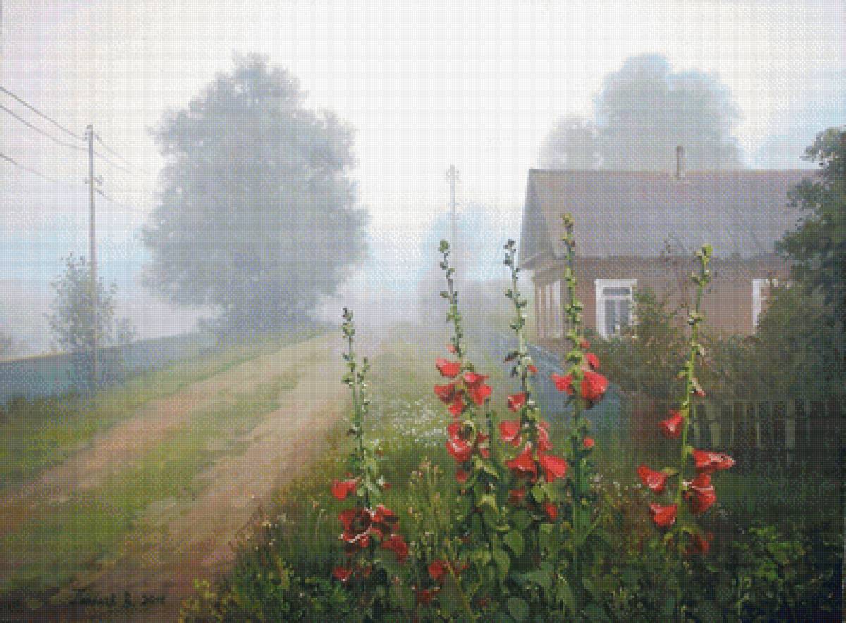 Деревня - цветы, туман, деревня, живопись, картина, дом - предпросмотр