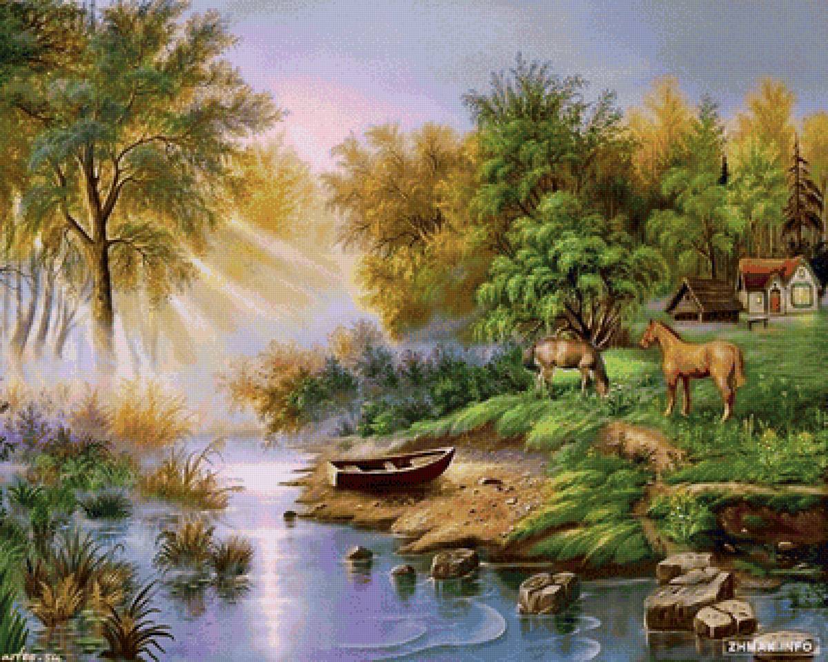 Природа-2 - река, осень, лошади, домик - предпросмотр