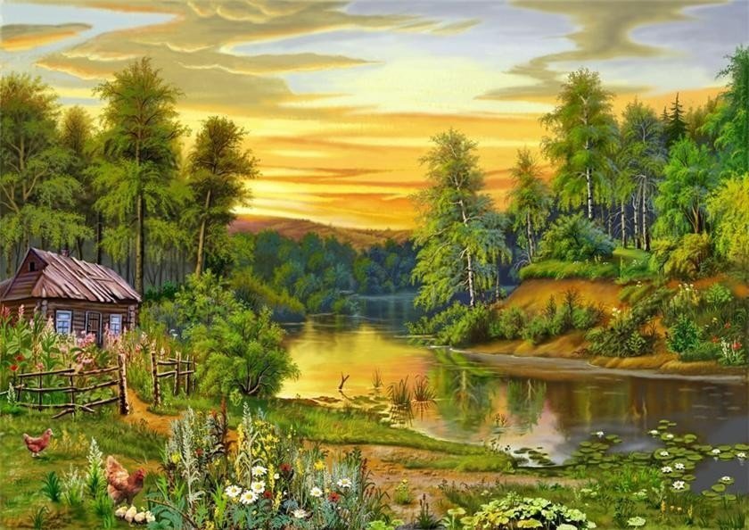 Домик у речки - закат, река, дом, лес - оригинал