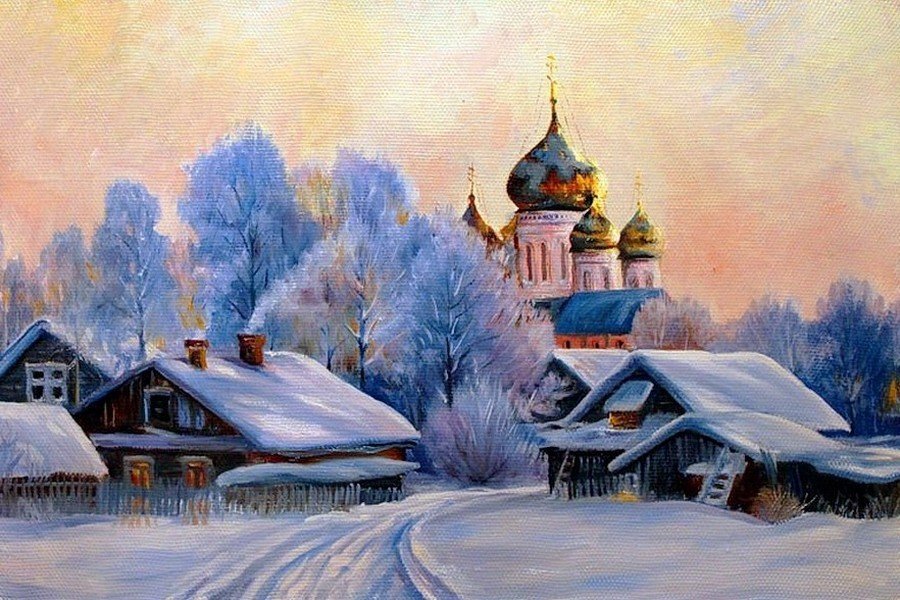Зима в деревне - зимний пейзаж, деревня, село, хата, церковь, зима, дома - оригинал