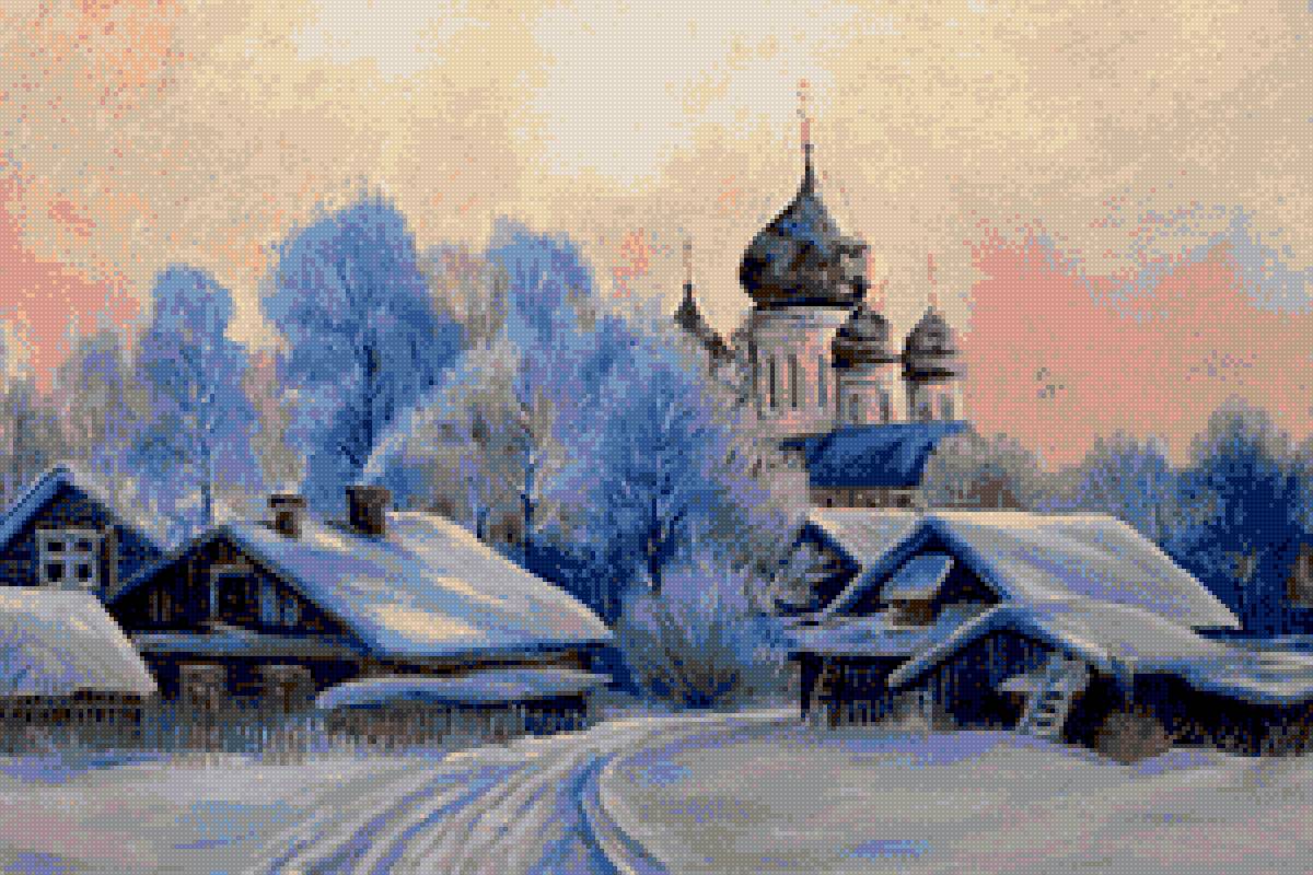 Зима в деревне - зима, деревня, дома, село, зимний пейзаж, церковь, хата - предпросмотр