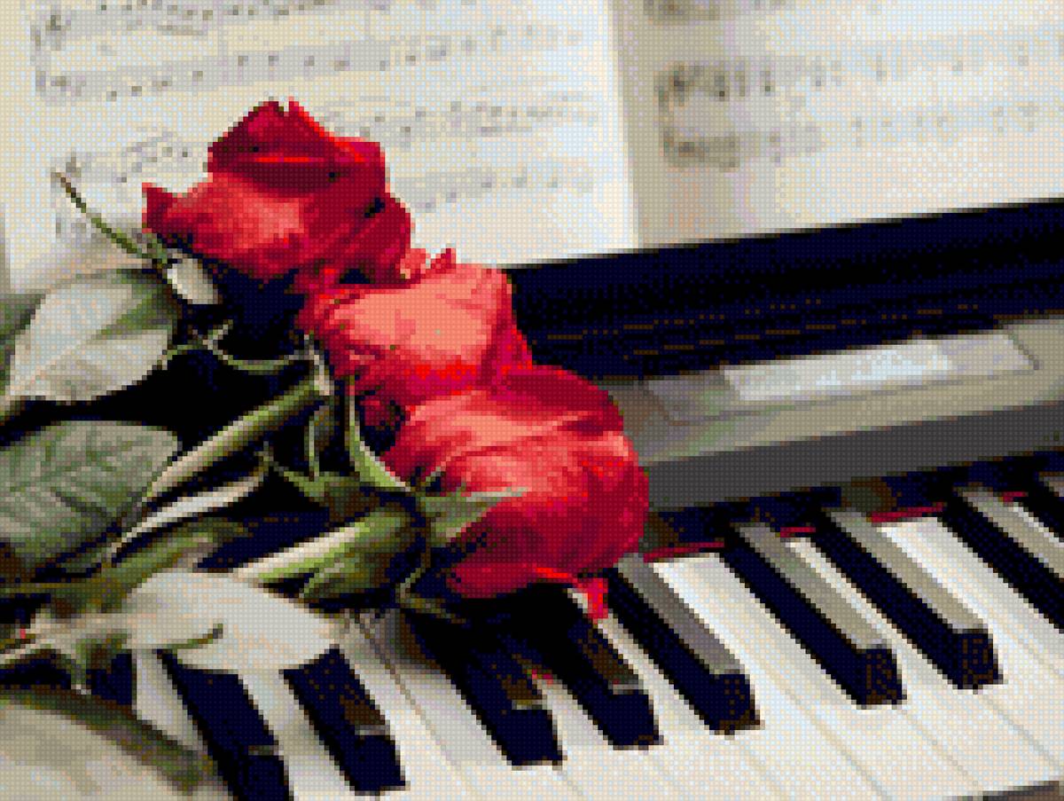 фортепиано с розой - роза, музыка, фортепиано, ноты, пианино - предпросмотр