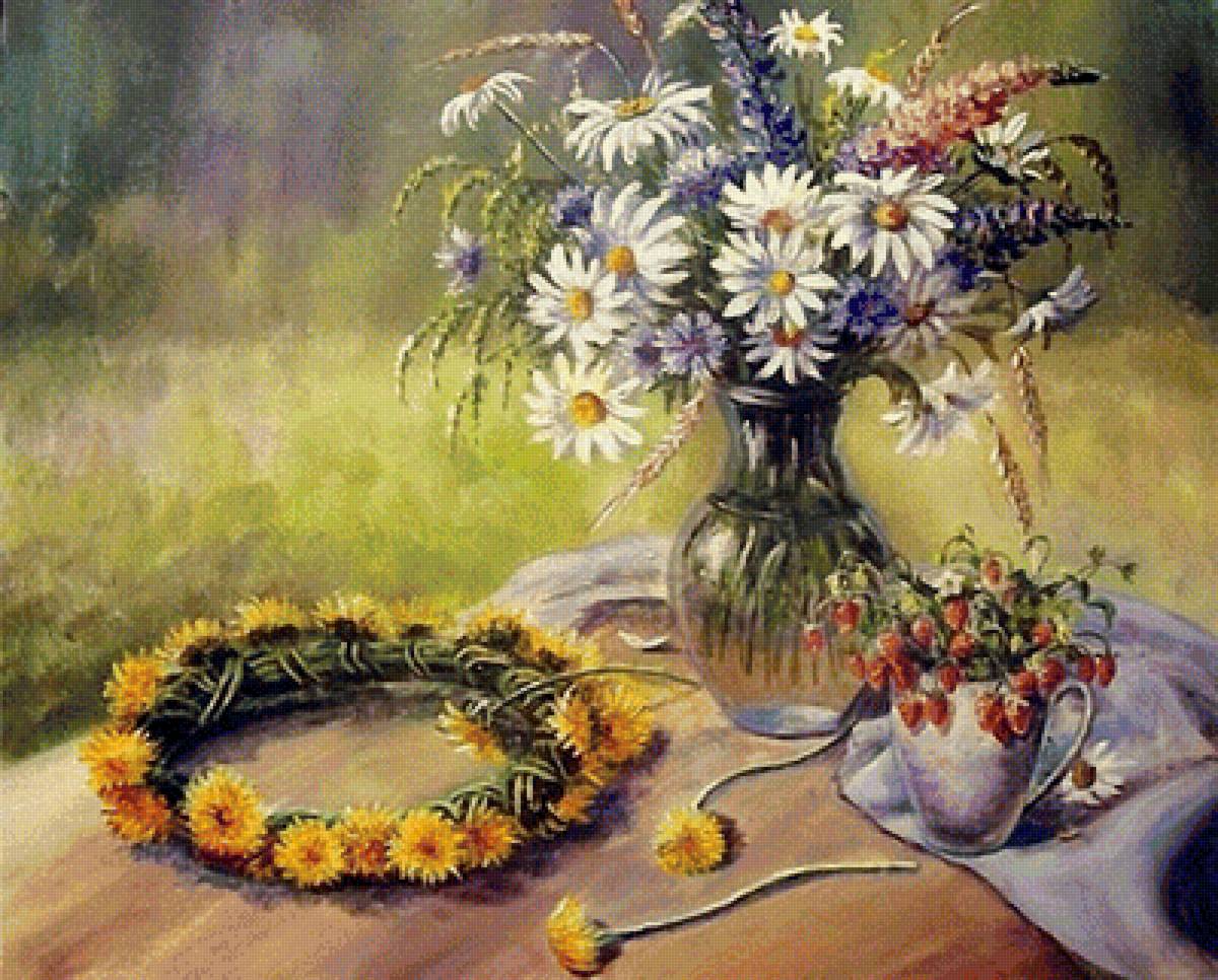 "После утренней прогулки" О.Воробьёва 2 - одуванчики, ромашки, венок, цветы - предпросмотр