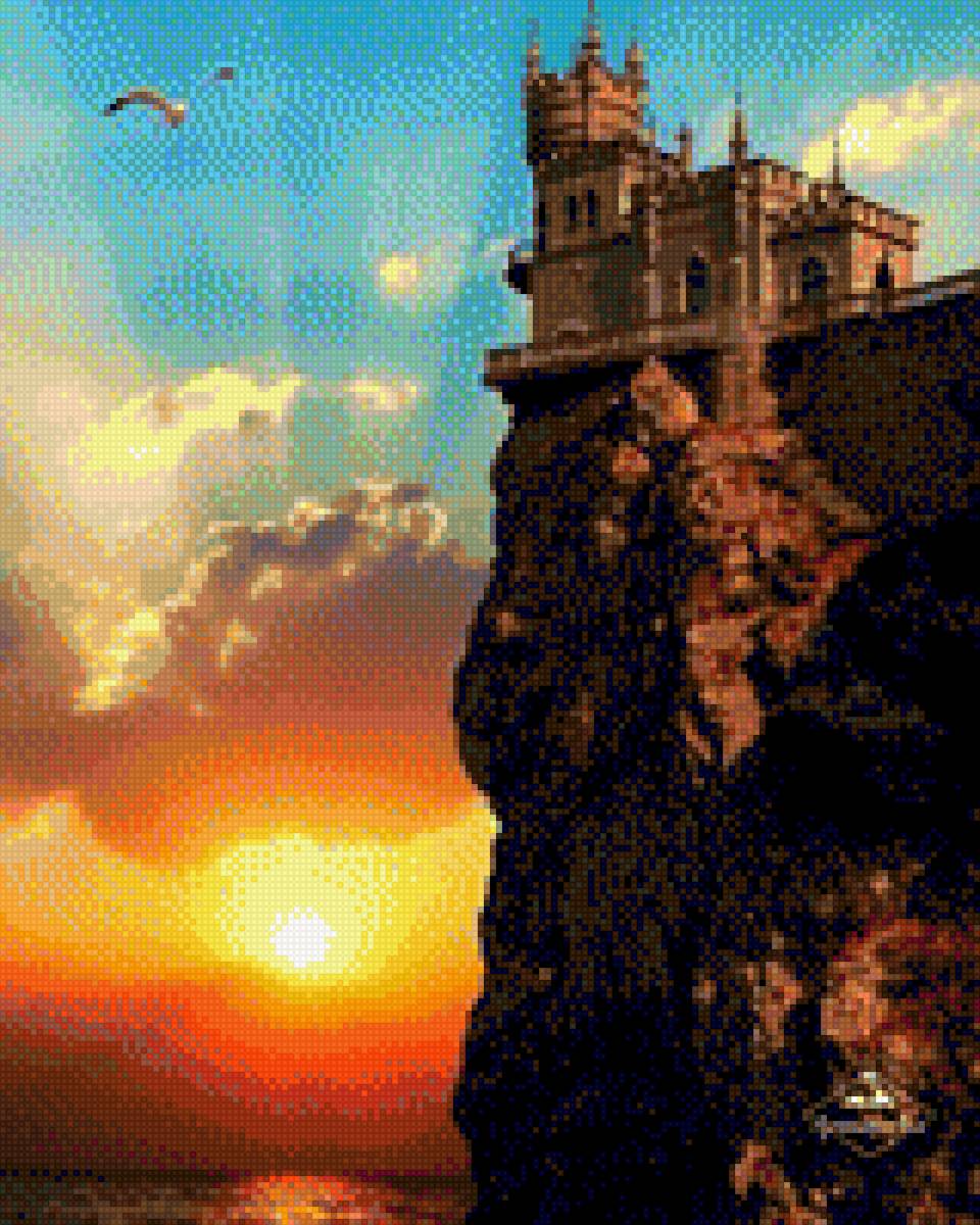 Закат над морем - солнце, замок, море, скалы - предпросмотр