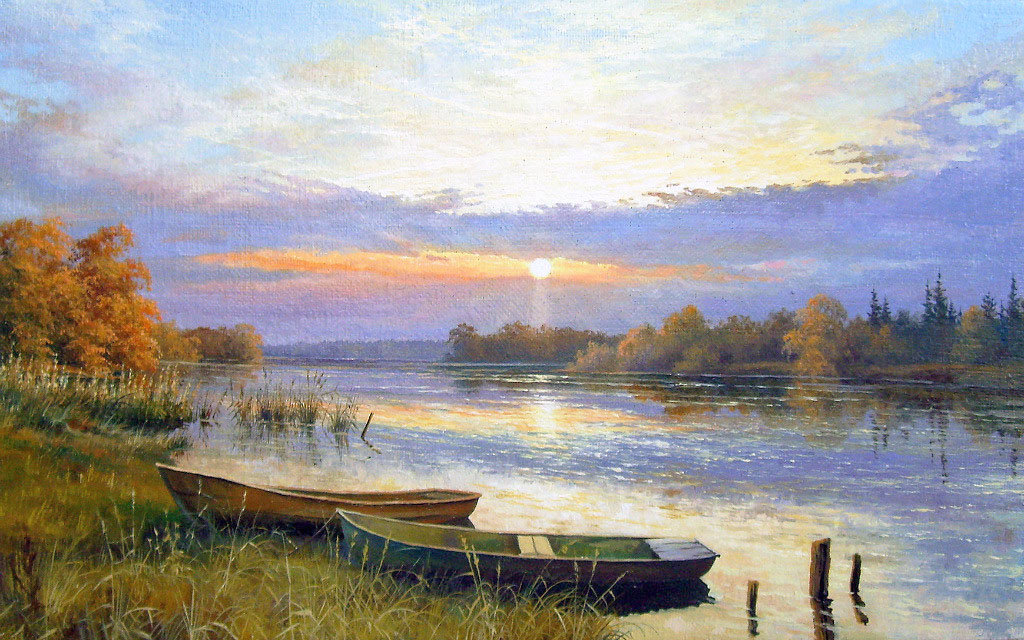 Худ. Булыгин И.Н. - вода, осень, лодки, природа, пейзаж - оригинал