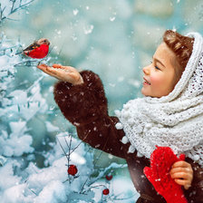 Девочка , зима и снегири
