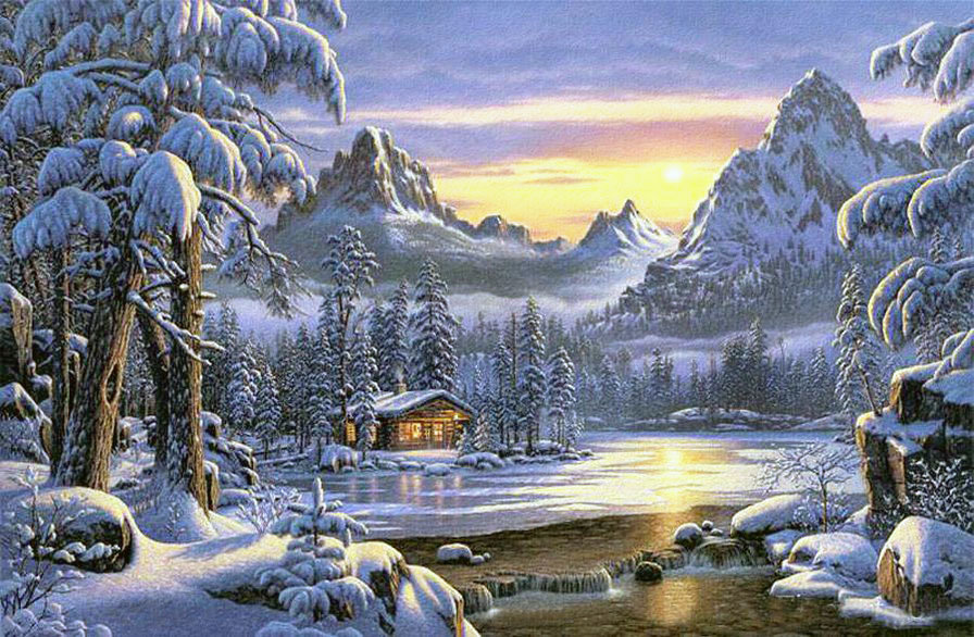 Зима в горах - пейзаж зима, природа, вода, снег - оригинал