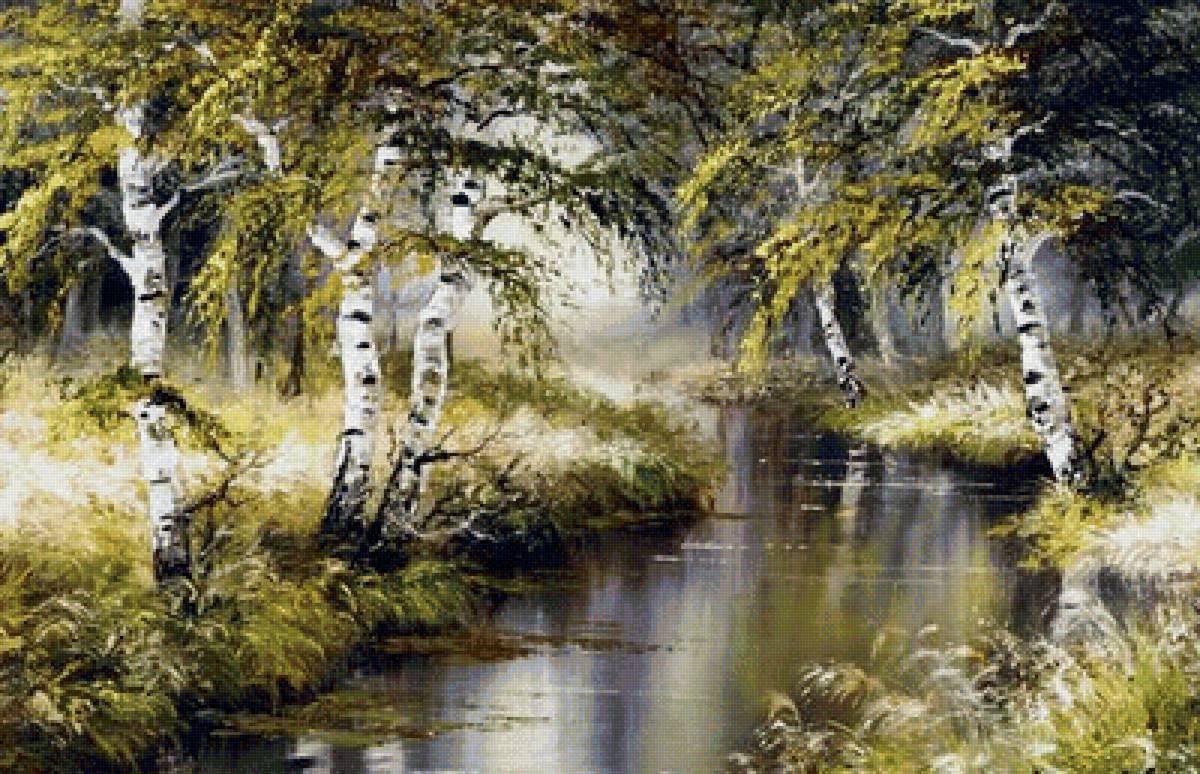 Лесная речка - пейзаж, лес, березы, река - предпросмотр