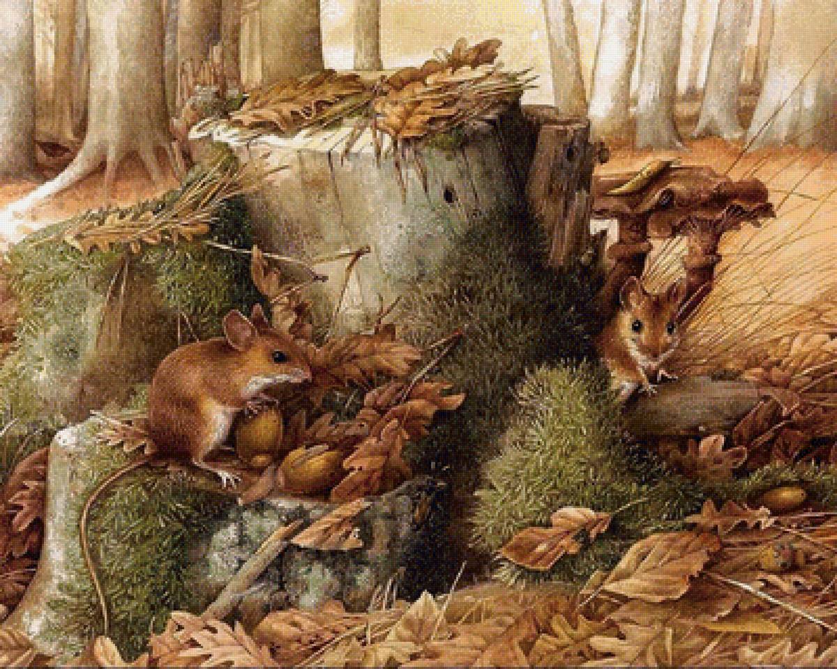 По картине Марджолен Бастин "Октябрь" - мышки, лес, пень, осень - предпросмотр