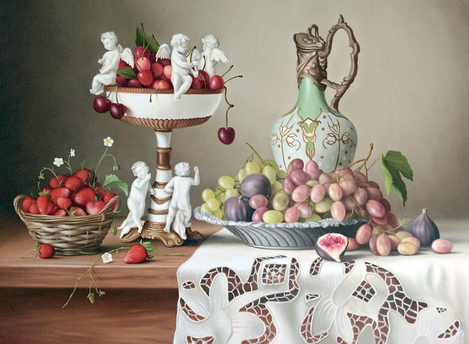 Натюрморт - ваза, клубника, виноград, фрукты, ангелочки, черешня - оригинал