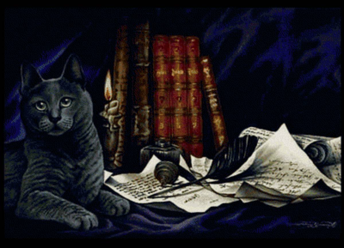 Магия - кот, книги, записи, магия, бумага - предпросмотр