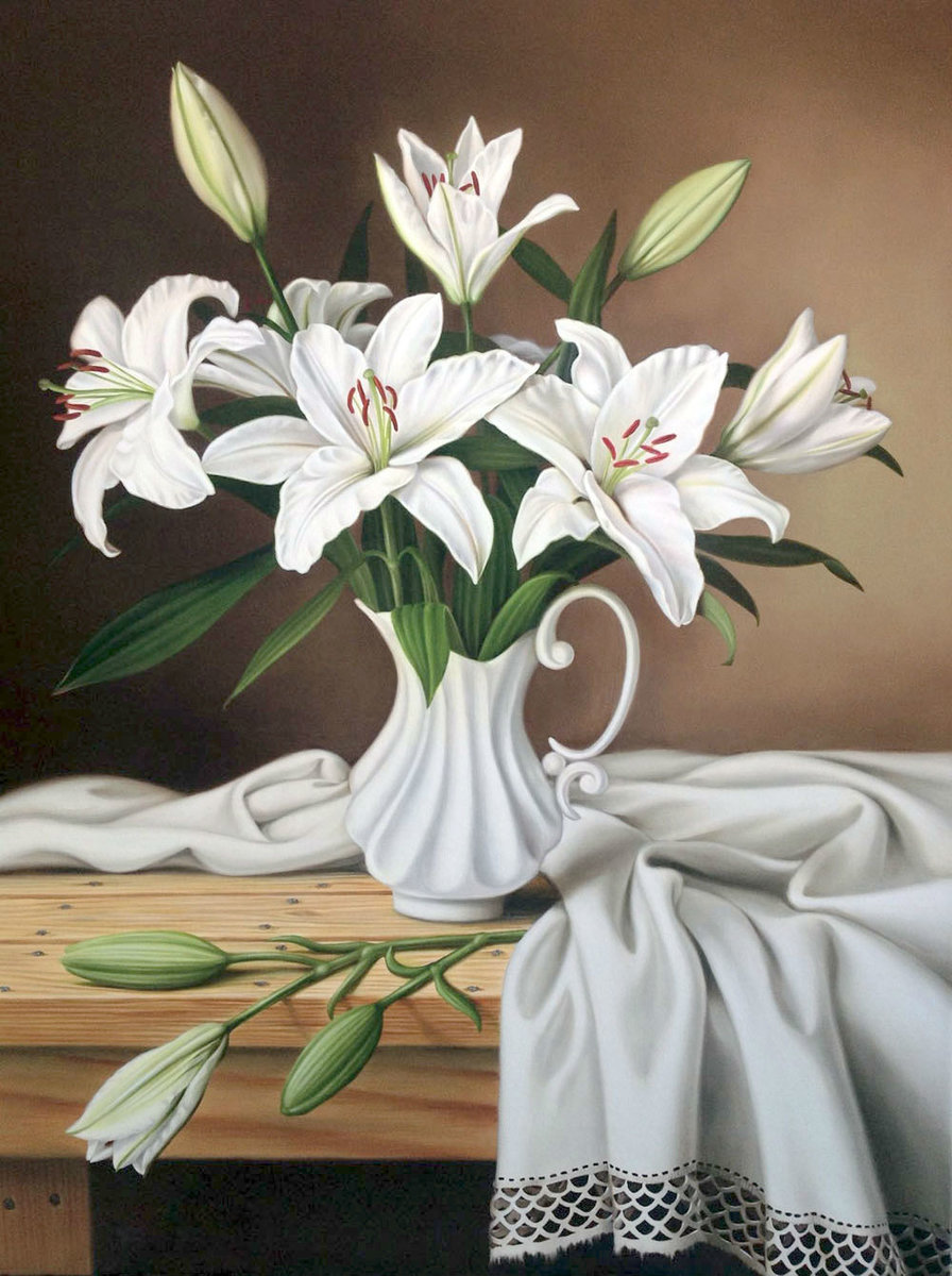 Лилии - цветы в вазе, цветы, белые цветы, белые лилии - оригинал