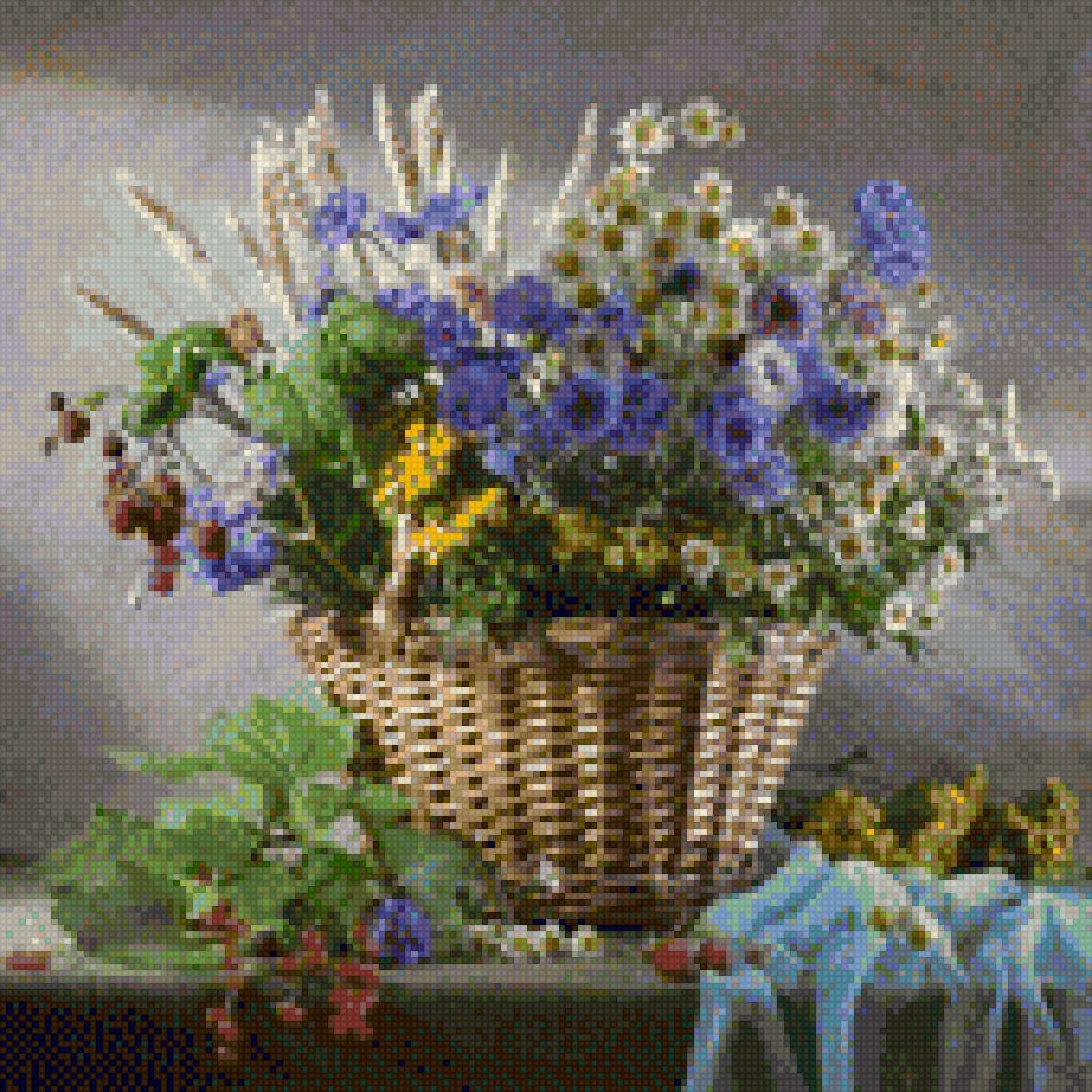 Натюрморт с полевыми цветами - ромашки, скатерть, ягоды, стол, васильки, корзина - предпросмотр