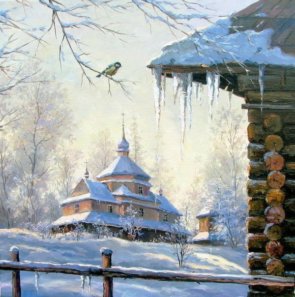 Худ. Игорь Ропяник - церковь, снег, пейзаж зима, природа - оригинал