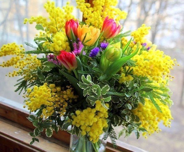 Букет мимозы - тюльпаны, мимоза, ваза, окно, подоконник - оригинал