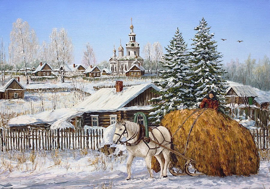 Худ. Лысов - природа, снег, лошадь, деревня, пейзаж зима - оригинал