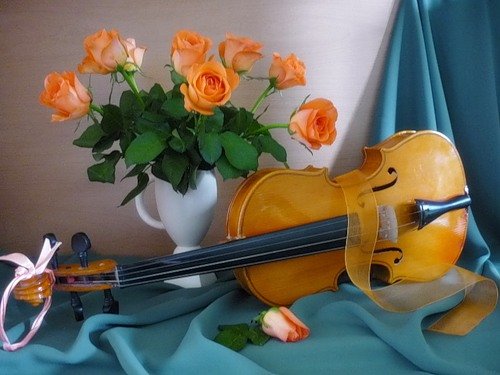 123 - цветы, натюрморт, скрипка, музыка - оригинал