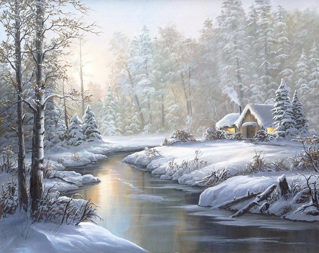 Худ. Фред Башвитц - избушка, река, пейзаж зима, снег, природа - оригинал