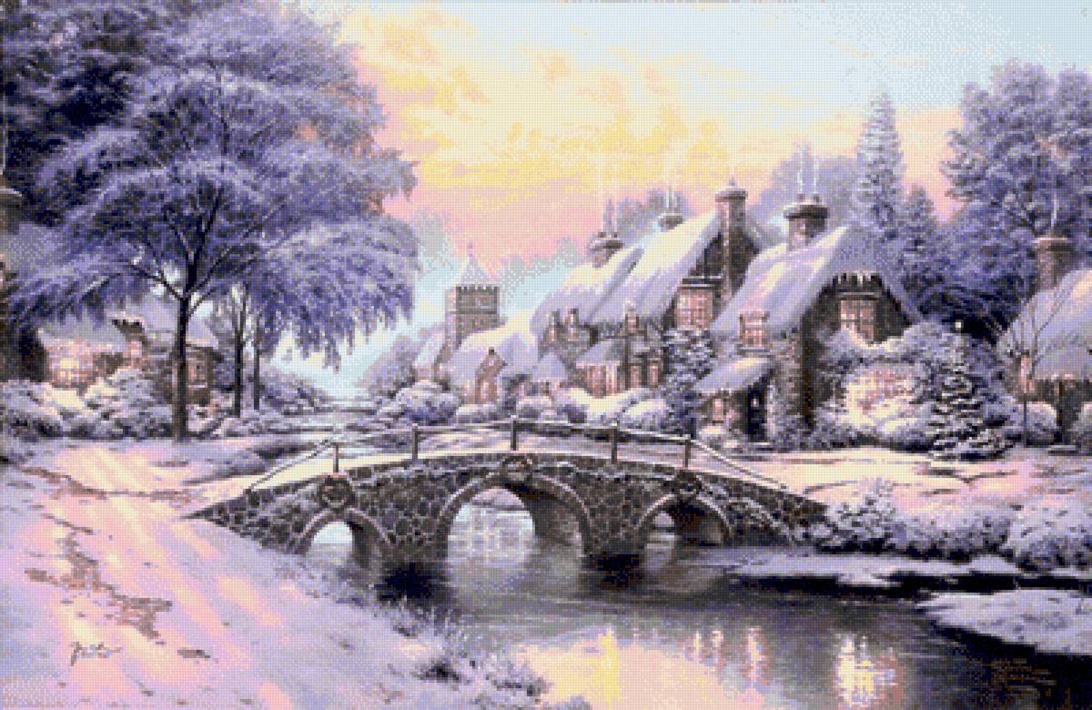 Мост через речку - речка, домик, пейзаж, зимняя тема, зима. мост - предпросмотр