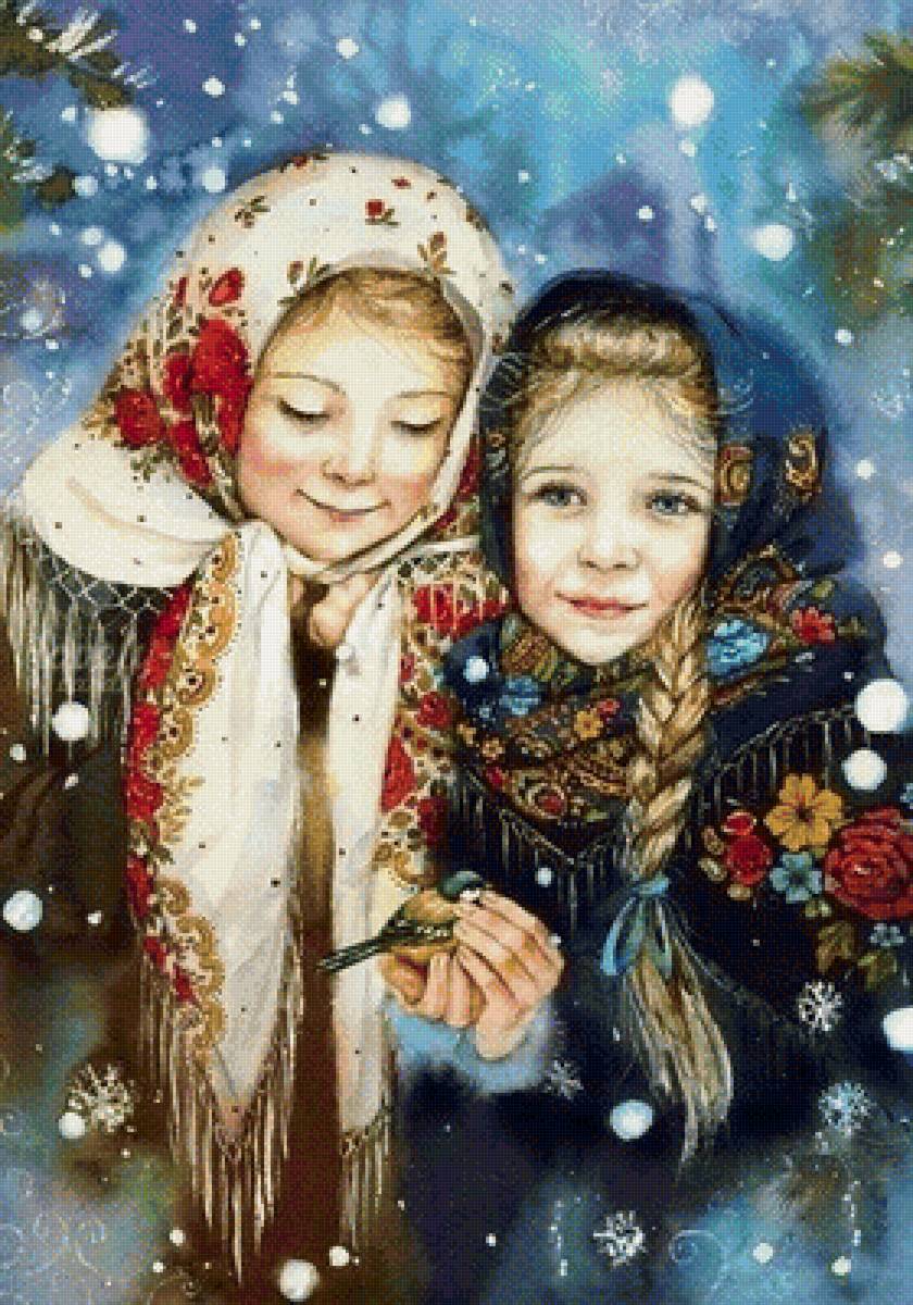Русские красавицы - зима, картина, дети - предпросмотр