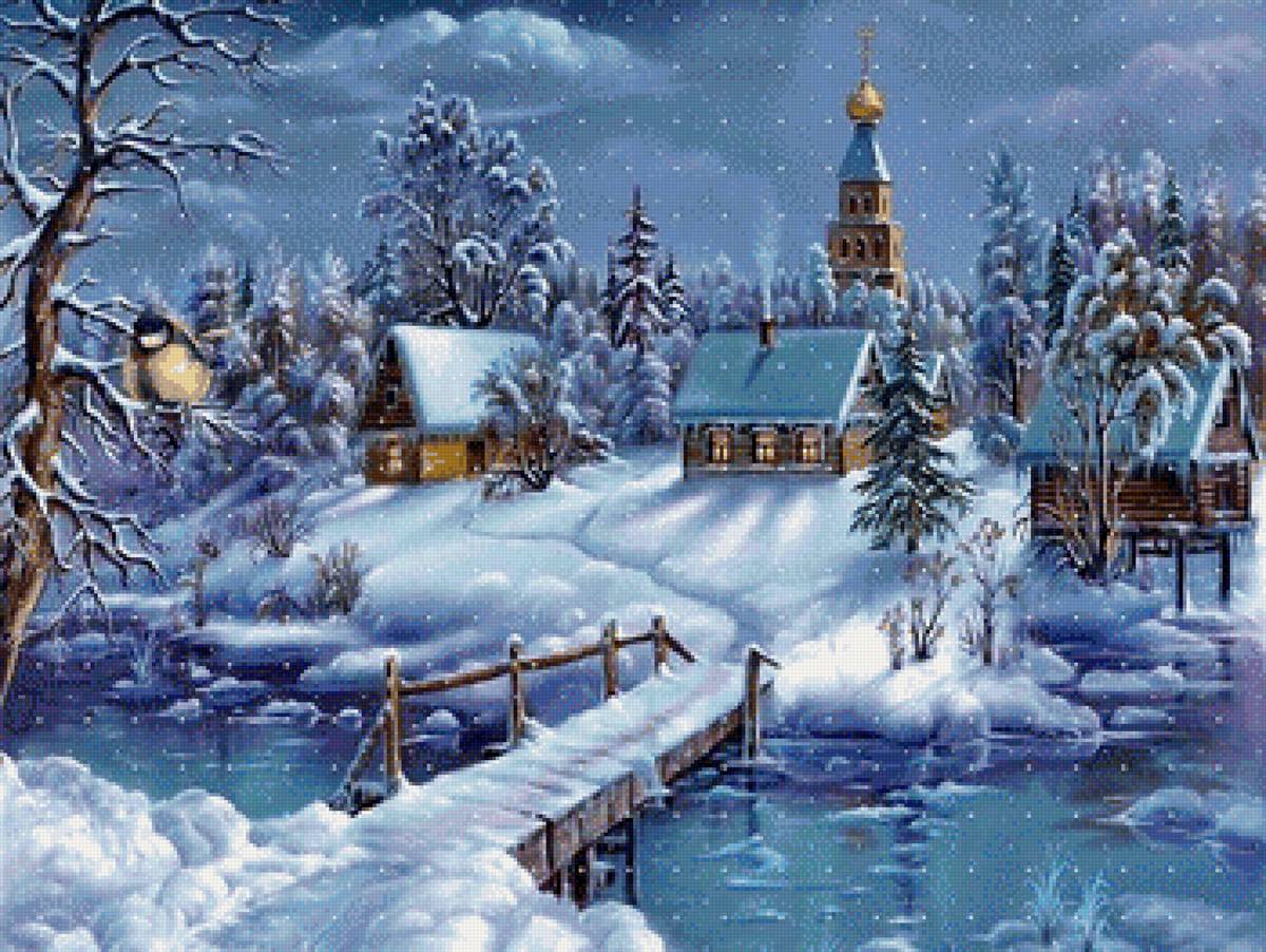 зимняя сказка - зима, синица, мост, храм - предпросмотр