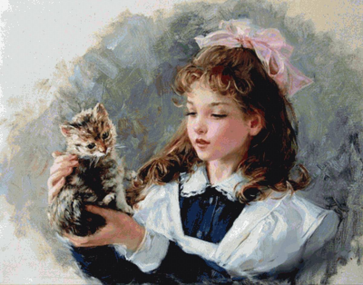 Девочка с котенком - картина - предпросмотр