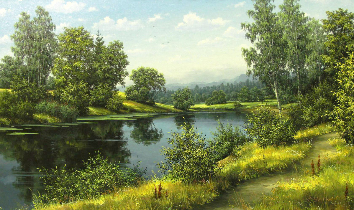 Худ. Анищенко - река, природа, лес, пейзаж лето - оригинал