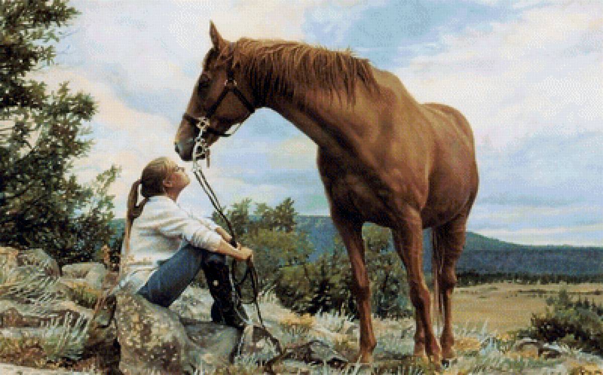 девушка и лошадь - лето, люди, лошадь, животные, картина, дружба - предпросмотр
