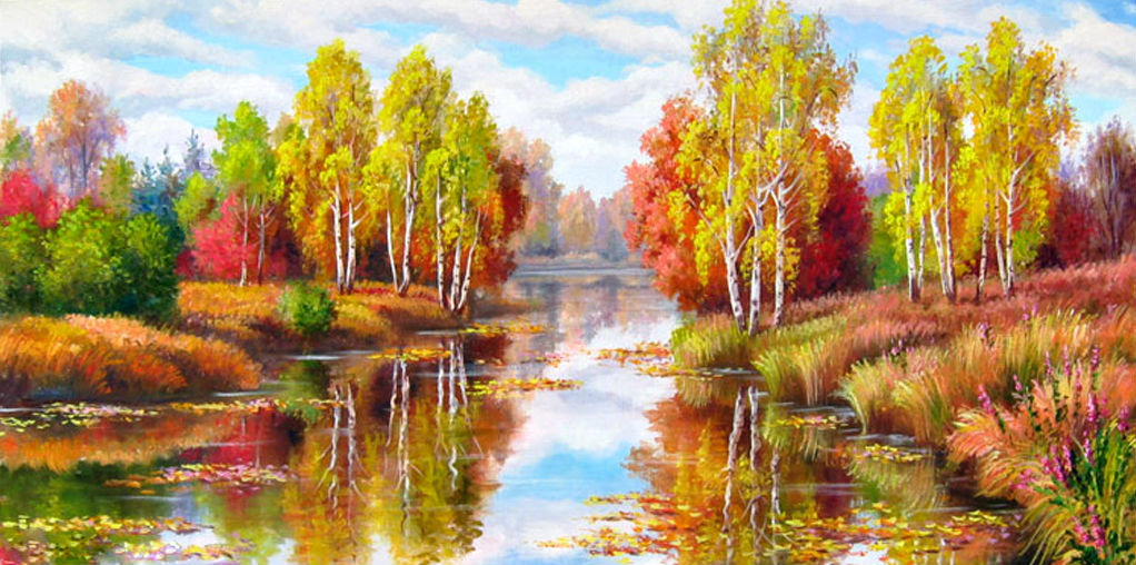 Пейзаж - березы, лес, река, осенний пейзаж, осень - оригинал