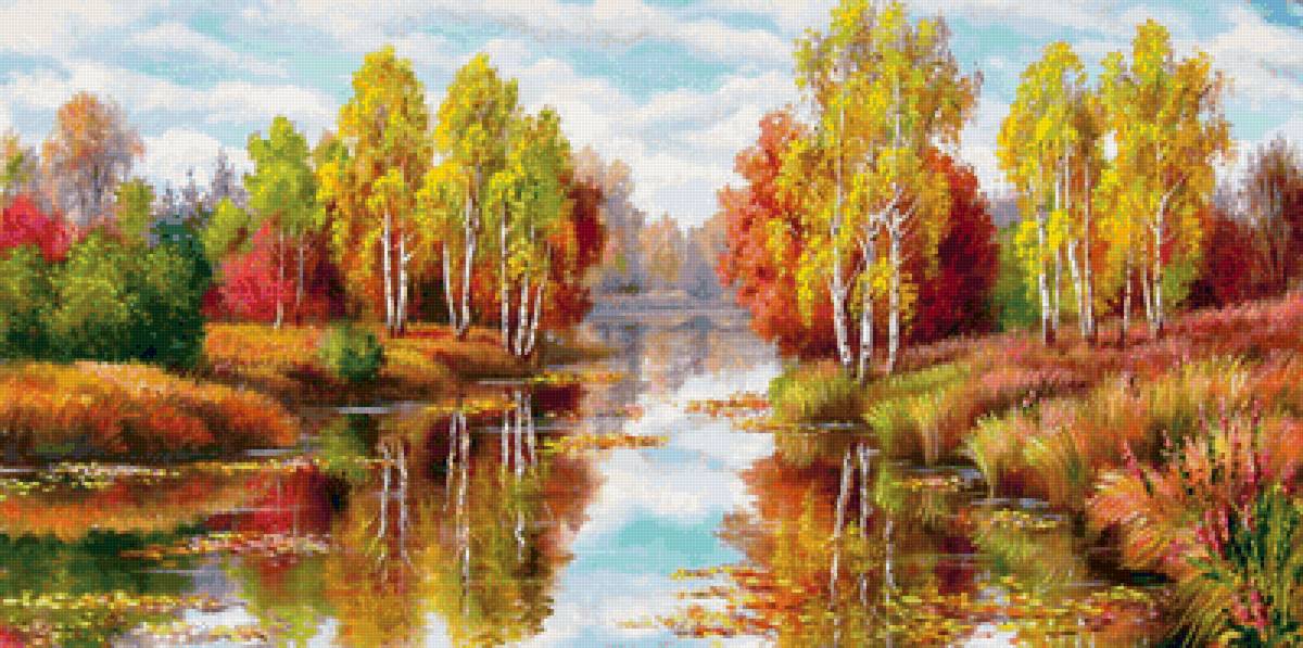 Пейзаж - осенний пейзаж, лес, березы, река, осень - предпросмотр
