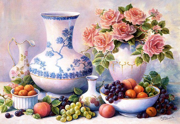 голубая ваза - ваза, виноград, натюрморт, фрукты - оригинал
