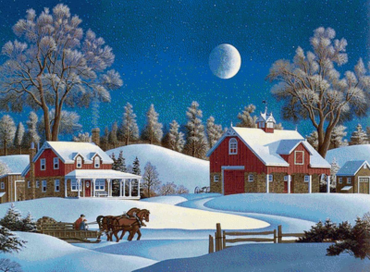 Зимний пейзаж - лошади, снег, домик, ночь, зима - предпросмотр
