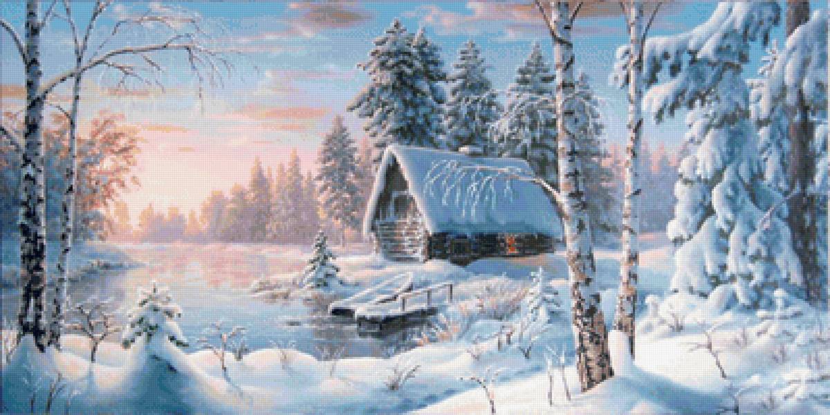 Зимний пейзаж - зима, снег, лес, домик - предпросмотр