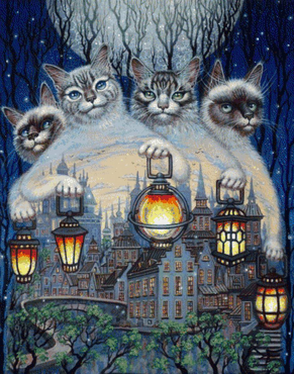 Коты ночные - животные, зелень, ночь, коты, фонари, город - предпросмотр