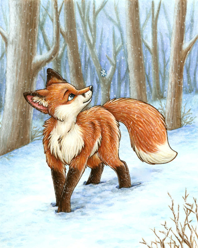 Лисичка и снежинка - зима, детская, животные, звери - оригинал
