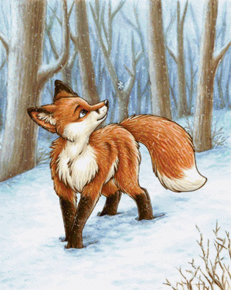 Лисичка и снежинка - зима, детская, животные, звери - предпросмотр